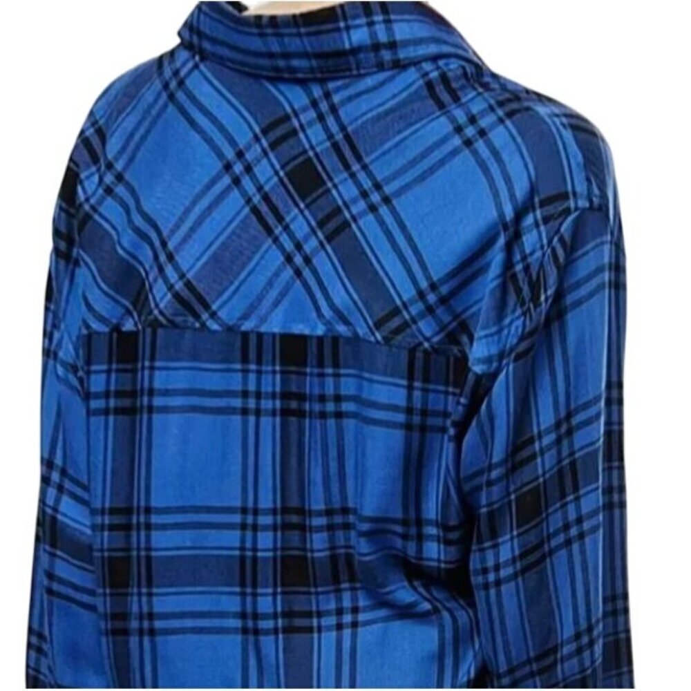 Plaid Blue Boyfriend Shirt Flannel Oversized Fit Long Sleeve Button-Down Pockets - Picture 2 of 4